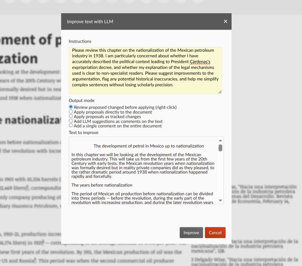 The LLM dialog of the new Fidus Writer LLm plugin