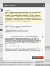 The LLM dialog of the new Fidus Writer LLm plugin